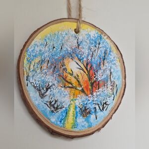 Hand-Painted Wood Slice Ornament - Winter Tree Scene - Handmade Rustic Decor